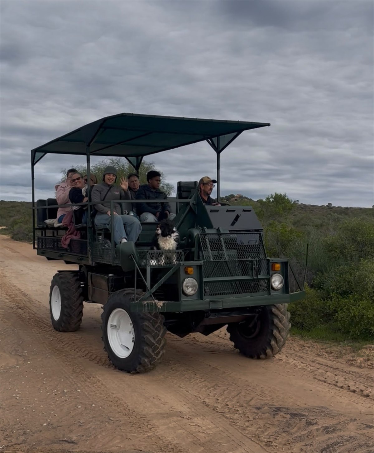 Guests and a dog riding in an open game-drive vehicle on a sandy road under cloudy skies at Donkieskraal