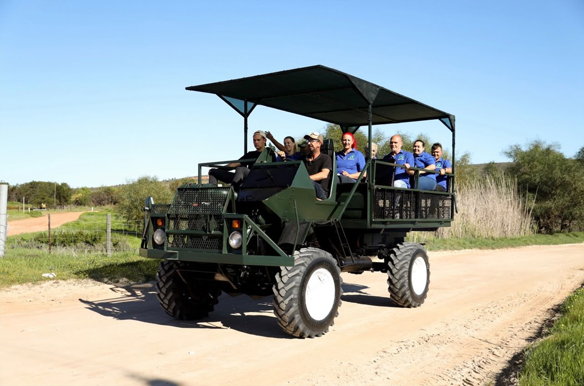 Guests riding in an open game-drive vehicle on a sandy road at Donkieskraal