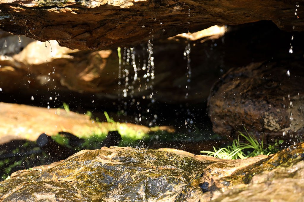 Water droplets falling from a rock ledge onto wet stones at Donkieskraal